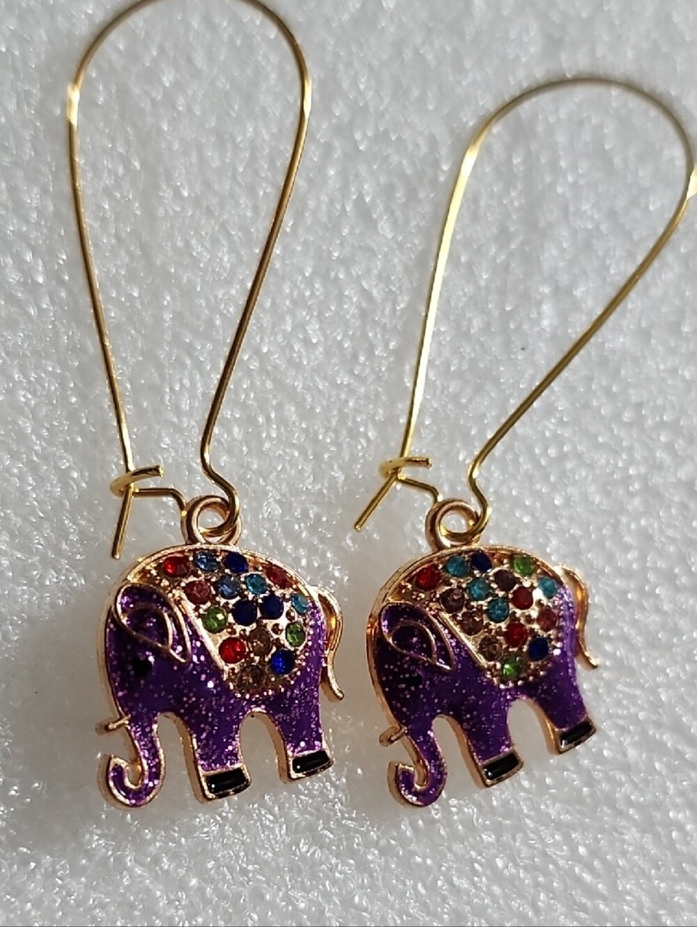 Hand Crafted Gold-Tone Purple Elephant Earrings with Multicolor Stones